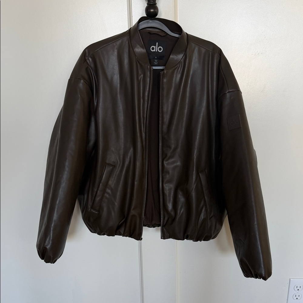 ALO Yoga Dark Brown Leather Bomber Jacket